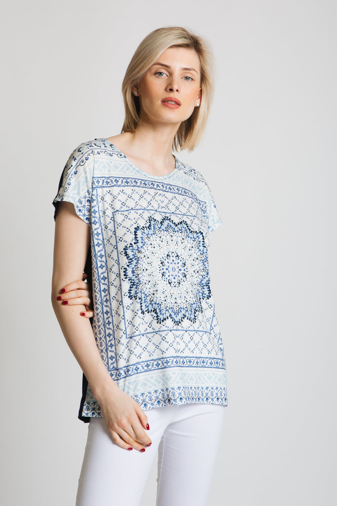 Ornate tile print pattern front shell top and plain jersey back. easy wear fit