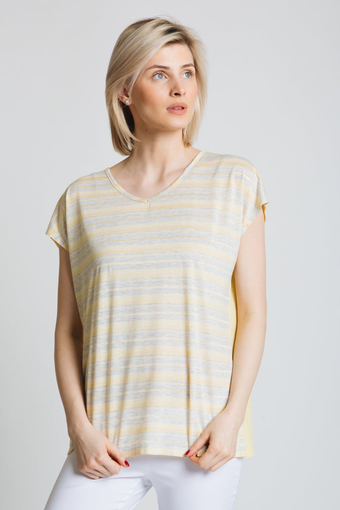 Pastel stripe front panel and soft jersey solid colour back panel. Draped sleeve.