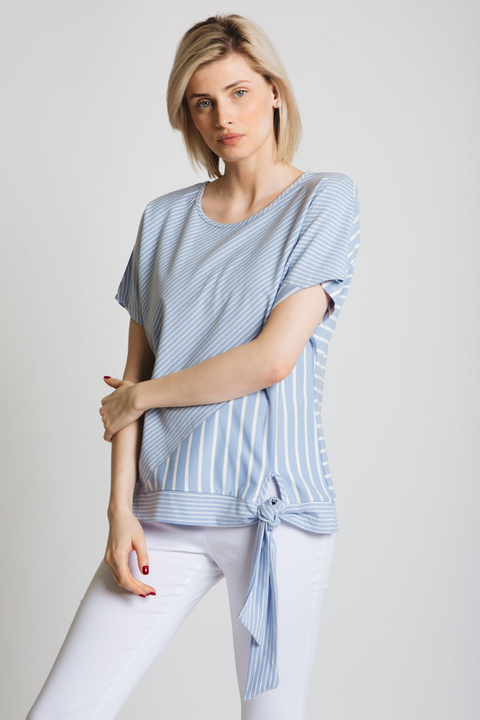 Two stripe cut and sew top with round neck, draped sleeve and tie detail at hem, in lovely soft jersey.