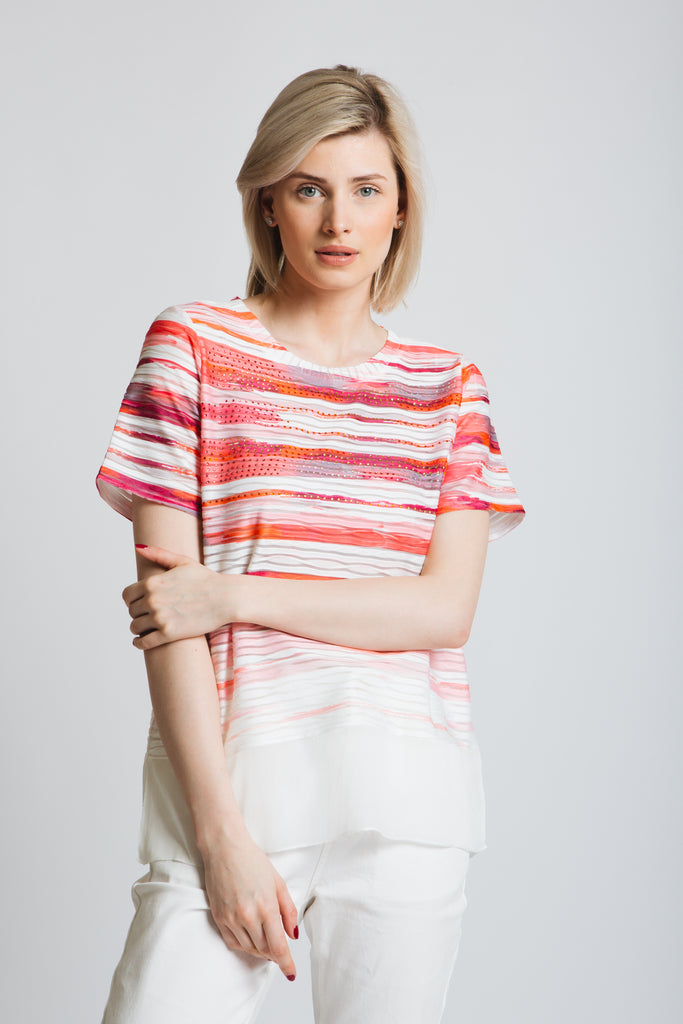 extured stripe jersey with red print. Chiffon hem and placement diamante.