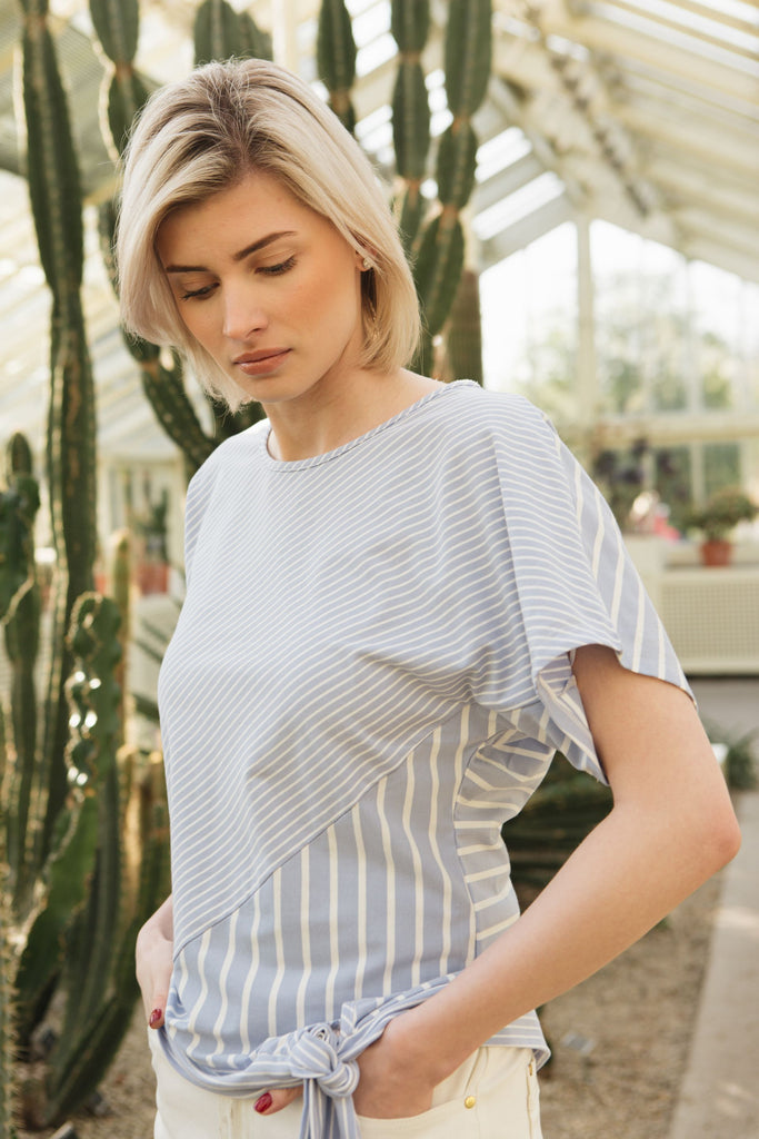 Two stripe cut and sew top with round neck, draped sleeve and tie detail at hem, in lovely soft jersey.